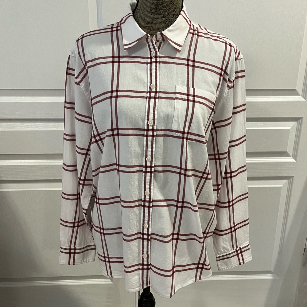 J. Crew Oversized Flannel Ivory and Wine Plaid Shirt